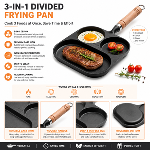 Poêle à frire en fonte à 3 compartiments pour petit-déjeuner, œufs et steaks, pré-culottée, avec manche en bois, ustensile de cuisson, vente en gros OEM - Product Image 2