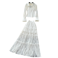 Ensemble 2 pièces élégant en dentelle à manches longues et jupe longue à volants taille haute pour femme – Collection Printemps-Été