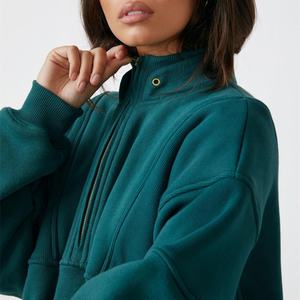 Sweat-shirt zippé décontracté pour femme, style rétro, demi-zip, lourd, en polaire de coton, doublé, court, à col halter, pour jogging - Product Image 5