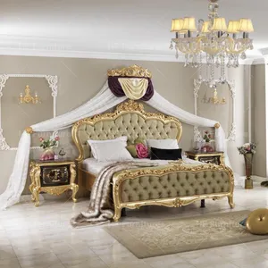Lits en bois classiques turcs King Size Villa Palace Meubles de luxe Ensemble de chambre à coucher plaqué or