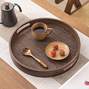 Bamboo Serving <b>Tray</b> Round With Handle Walnut Color For Tea And <b>Snacks</b> Household Use - Product Image 2