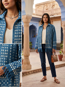 Chaqueta Azul con Estampado a Mano para Mujer, con Bolsillos Delanteros y Dobladillo con Borlas, Chaqueta Étnica de Algodón con Estilo - Product Image 4