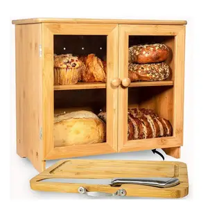 Food Grade Verwijderbare 2 Laag Brood Keeper, Grote Capaciteit Keuken Bamboe Brood Doos Met Glazen Deur, bamboe 2 Tier Brood Doos