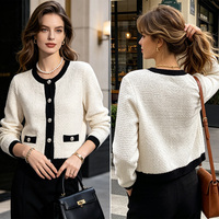 Cardigan en tricot pour femme, col rond, motif jacquard côtelé, col en V, décontracté, vintage, à un seul bouton, en coton, cardigan en laine