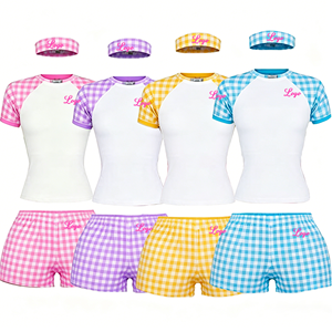 Conjunto de Tres Piezas para el Hogar con Logotipo Personalizado OEM, Estampado <span class=keywords><strong>a</strong></span> Cuadros, Top de Manga Raglán de Color Personalizado para Mujer, Pantalones Cortos con Diadema <span class=keywords><strong>a</strong></span> Juego - Product Image 1