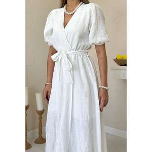 Vestido de Lino Blanco con Cuello Cruzado, Corte en A, Cintura Natural, Transpirable, Informal, para Uso Diario - Product Image 2