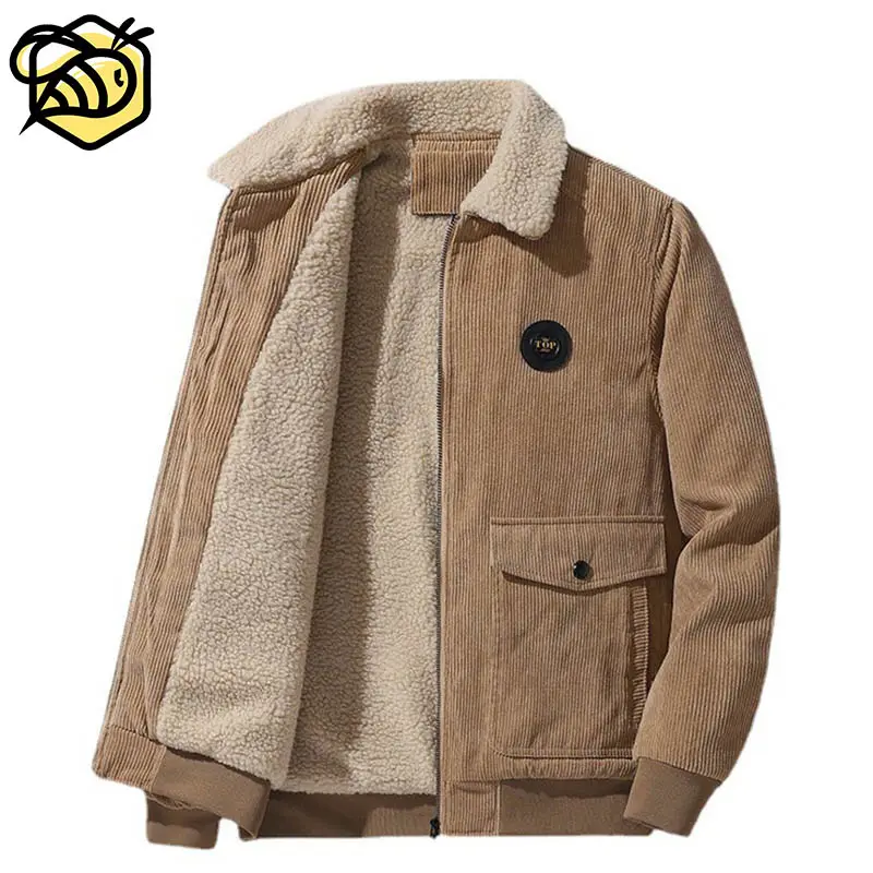 2022 Warm Winter Heavy Sherpa Fleece Jackets Mens Manteau Casacas Polares Flap Pocket Cotton Thermal Corduroy Flannel Jacket Men