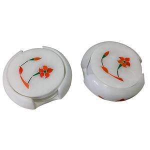 Handmade round <b>white</b> marble <b>coasters</b> with lotus MOP floral inlay luxury natural stone drink <b>coasters</b> decorative marble tableware - Product Image 2