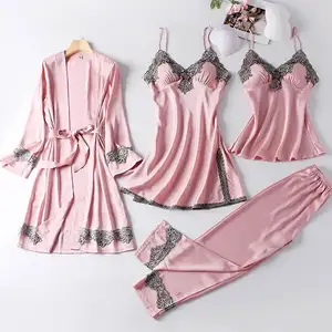 Ensemble de 4 pièces de Lingerie Sexy en Satin pour femme, tenue de nuit, pyjama, chemise de nuit et Robe, pour cadre intime, décontracté, idéal cadeau de mariage