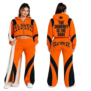 SPLENDID APPAREL Conjunto Deportivo 2 en 1 para Mujer, Naranja y Negro, con Capucha, Manga Larga, Cierre Frontal con Cremallera, Estampado, Corte Holgado, Estilo Urbano, Ligero - Product Image 1