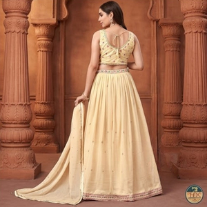 Women Designer Beige Embroidered Sleeveless <b>Lehenga</b> Choli with Flared <b>Skirt</b> and Matching Dupatta Set Indian Ethnic Party Wear - Product Image 3