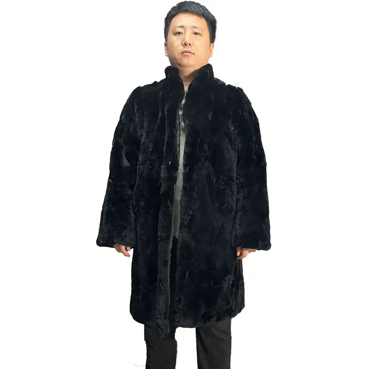 Wholesale Custom Streetwear Long Standing Collar Warm In Winter Black Men's Rex Rabbit Fur Coat