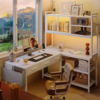 Bureau d'angle en L blanc avec 3 tiroirs en tissu, étagères de rangement latérales et 6 niveaux pour ordinateur et jeux