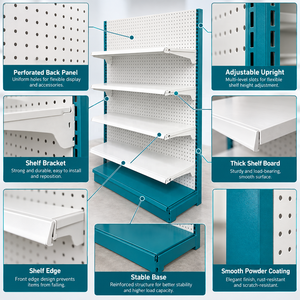 Étagère de présentation modulaire réglable à 5 niveaux, panneau perforé, simple face, en métal, blanc et bleu, pour magasin, commerce de détail et épicerie - Product Image 4