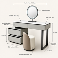 Table de toilette moderne pliable pour chambre et salon avec miroir LED, armoire latérale à 4 tiroirs, plateau en bois massif, écologique et sans poignée