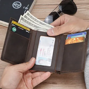 OEM Custom Logo Vintage Rfid Blocking Crazy Horse Leather Men <strong>Wallet</strong> Genuine Cow Leather <strong>Trifold</strong> <strong>Wallets</strong> for Men - Product Image 1