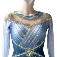 Robe de patinage artistique bleu et blanc dégradé avec strass, dos croisé en maille, pour femmes et filles