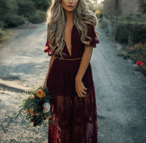 Exy-vestido de encaje transparente Borgoña para mujer, vestido largo elegante de cintura alta con cuello en V para Navidad - Product Image 1