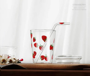 Vasos para beber, tazas frías resistentes al calor, tazas de café con tapas y vidrio, Pajita/vaso redondo moderno con estampado de fresas - Product Image 6