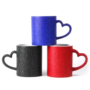 11oz Sublimation Sparkle Color changing Ceramic Mug with Heart Shaped Handle Blank Heat Press Printable Cup
