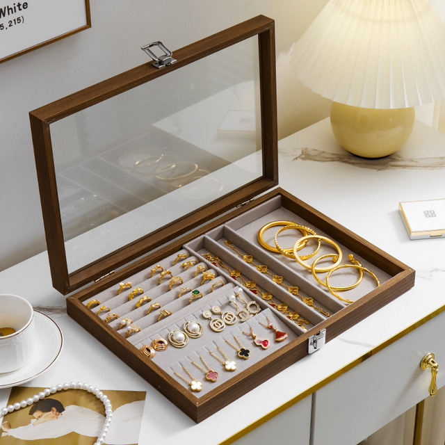 Wholesale Stackable Large Wooden Jewelry Organizer Box with Clear Lid for Rings Earrings Necklaces Bracelets Bangles