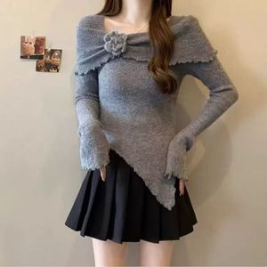 สเวตเตอร์แคชเมียร์ทรงสลิมฟิตสำหรับผู้หญิงเสื้อกันหนาวแขนพองลายดอกไม้ชายเสื้อไม่สม่ำเสมอ - Product Image 2