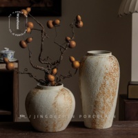 Vas Keramik Jingdezhen Gaya Wabi-Sabi Mewah Ringan Dekorasi Ruang Tamu Bunga Kering Segar Vintage Gaya Cina Rustic
