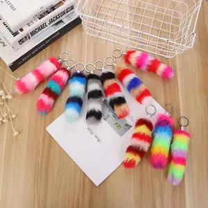 Assorted Color Faux Fake Lucky Rabbit's Foot Key Chains Plush multi-color Rainbow rabbit foot Keychain Key Rings Handbag charms