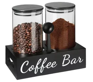 Contenitori per caffè, contenitore per chicchi di caffè in vetro nero da 2 pezzi da 50 once con coperchio ermetico, Set di contenitori per zucchero per caffè con ripiano