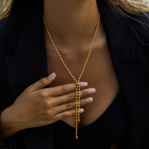 Collier en chaîne en forme de Y avec pampilles en perles de rocaille en acier inoxydable pour femmes, bijoux tendance - Product Image 2