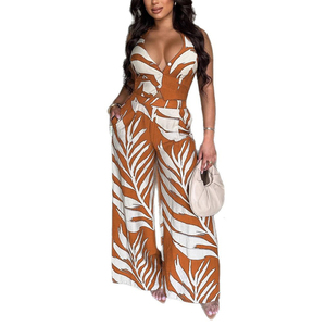 แฟชั่นฤดูร้อน เสื้อคอวีพิมพ์ลายเซ็กซี่ กางเกงขายาวทรงกว้าง ชุดเซ็ตสองชิ้น แฟชั่น - Product Image 2