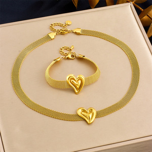 Women's Stainless Steel Gold Plated Heart Mesh Necklace <b>Bracelet</b> <b>Set</b> Fashion Jewelry Gift - Product Image 1