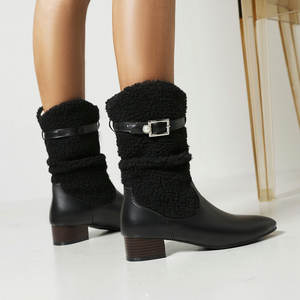 Customizable Large Size 35-48 White Fur-Lined Round Toe Chunky Heel <strong>Sherpa</strong> Faux Fur Ivory Blue Fuzzy Western <strong>Boots</strong> - Product Image 4