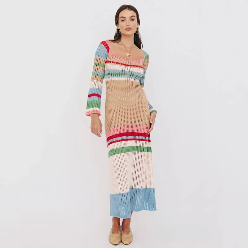 2023 new stripe color matching pullover knitted dress sexy beach bikini smock long skirt hot sale colorful cover up