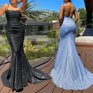 WW011 Floor Length Slim Backless Prom Sequins Evening Dresses Gown Strappy Padded Stretch Wedding Party Dress Evening Gown