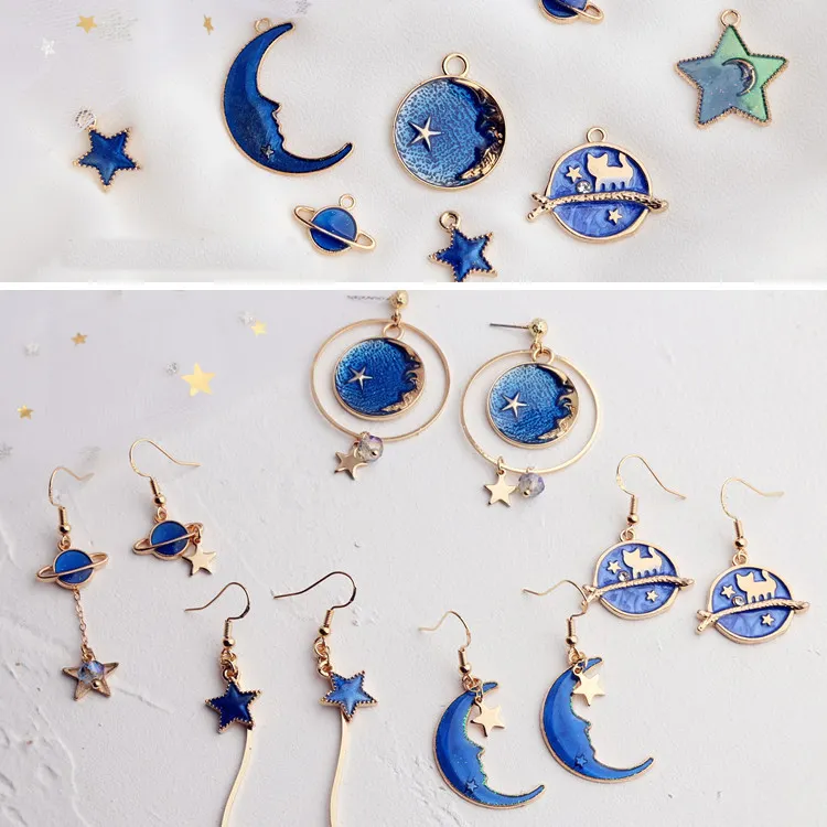 Brincos com pingente esmalte, esmalte azul céu estrelado, estrelas, lua, planeta diy, colar, acessórios de joias, pingente para fabricação de joias