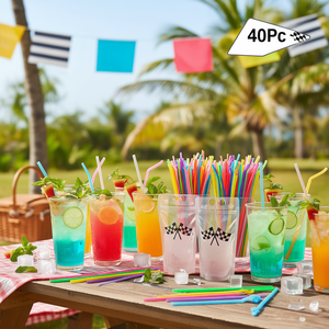 Pochettes transparentes pour boissons 16oz, contenants jetables en plastique avec pailles motif drapeau de course, pour fêtes, 40 pièces - Product Image 2