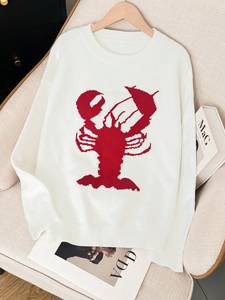 Maglione Bianco Jacquard con Motivo Aragosta di Tendenza per Vacanze al Mare e Feste a Tema Pesce, Pullover <span class=keywords><strong>Oversize</strong></span> Affidabile Lavorato a <span class=keywords><strong>Maglia</strong></span> - Product Image 6