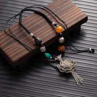 Collier Pendentif Rotatif Porte-Bonheur en Graine de Bodhi Vintage pour Femme, en Argent Tibétain et Ambre, Chaîne de Pull Réglable – Vente en Gros
