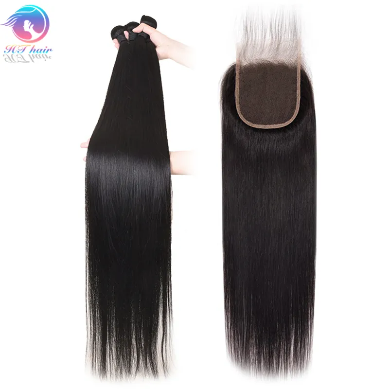 unprocessed straight human hair 4 bundles with closure, silky straight human hair bundles with lace closure