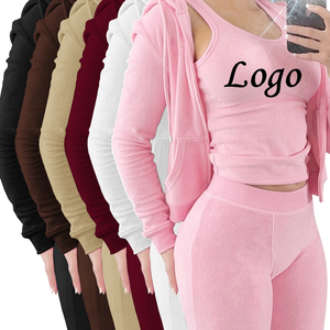 Setelan Baju Wanita Musim Gugur, Rompi, Celana Olahraga Resleting, dan Hoodie, Bahan Terry Towelling, Setelan Celana Jogger Dua Potong, Rajutan Kasual Musim Panas - Product Image 1