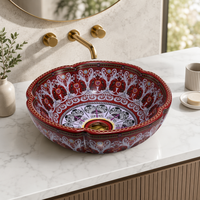 Lavabo en céramique rouge foncé mat, design floral, lavabo sur pied pour salle de bain, motif violet peint à la main, lavabo à poser pour villa
