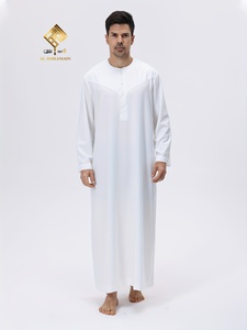 Al Haramain <b>Men's</b> White Cotton <b>Thobe</b> Round Neck Long Sleeve Floor Length Prayer Robe and eid - Product Image 6