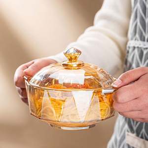 Bol en verre cristal ambre diamanté pour nouilles instantanées et salades, avec couvercle et double anse, couleur fauve, pour la maison - Vente en gros - Product Image 4