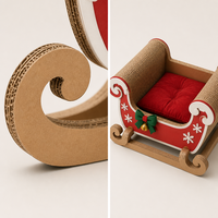 Lit pour chat en carton ondulé en forme de traîneau du Père Noël, griffoir de Noël, maison pour animaux avec coussin rouge