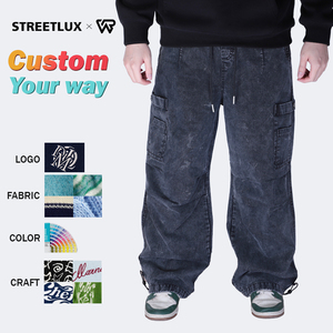 Pantalones cargo personalizados de hip hop americano para hombre, cintura elástica, ajuste holgado, lavado de peso pesado, diseño multibolsillo - Product Image 1