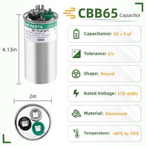 Condensador de Doble Función CBB65, Ahorro de Energía, Cobre, 50, 5 Mfd, 370, 440 V, Redondo, 10 A, para Sistemas HVAC - Product Image 2