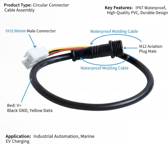 VH3.96mm to M12 Aviation Plug Waterproof Circular Connector Male to Female Molded Cable Assemblies Industrial Wiring Harness