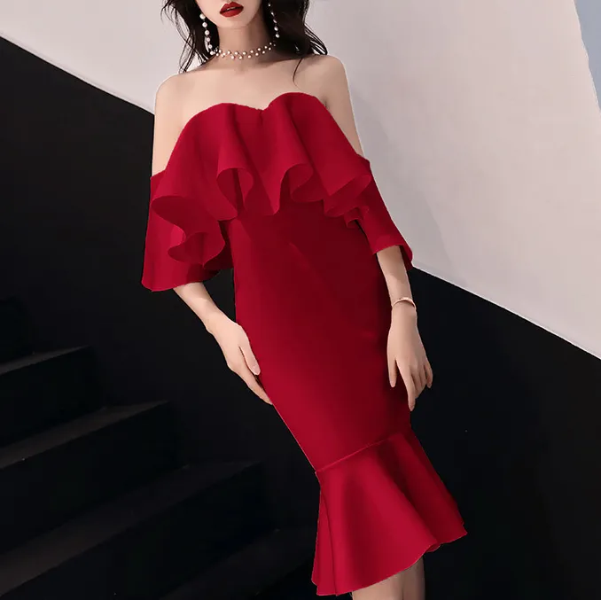 OEM Red Ruffle Mermaid Dress Elegant Evening Dresses For Lady