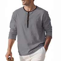 T-shirt décontracté minimaliste pour homme 100% coton délavé, couleur unie, manches longues, col rond, coupe ample, style Old Money Resort